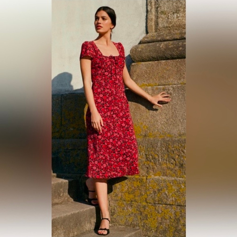 Rouje Paris Ines Red Pink Floral Midi Dress Short Sleeve Scoop Neck Size 34